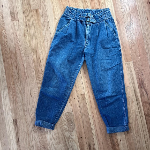 vtg 80s Brittania dark denim mom jeans front double buckle‎ size 11 tapered